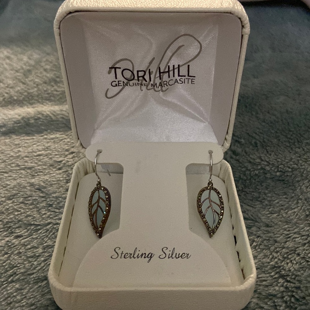 TORI HILL genuine Marcasite sterling silver blue glass dangle earrings